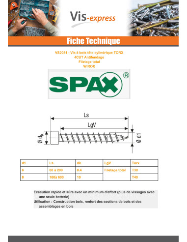 1 x Spax Vis bois Tête cylindrique TC TORX T40...