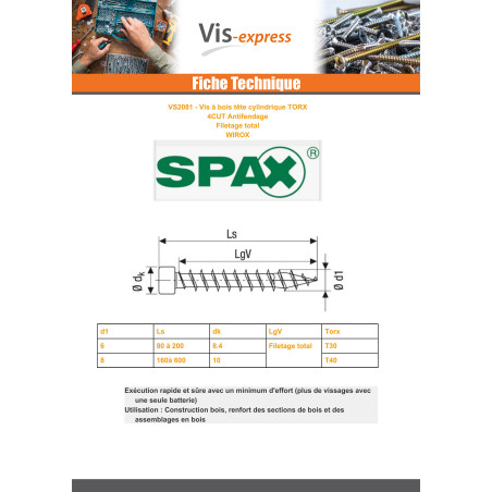 1 x Spax Vis bois Tête cylindrique TC TORX T40 8X200 Filetage total 4CUT WIROX