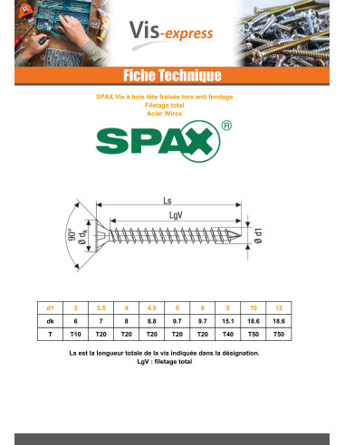 1 x Spax Vis bois Tête fraisée TORX T10 3X12...