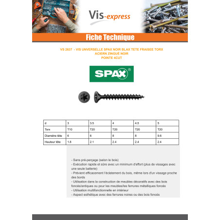 1 x Spax Vis bois Tête fraisée TORX T10 3X20 Filetée sur 17 Acier zingué noir microvis
