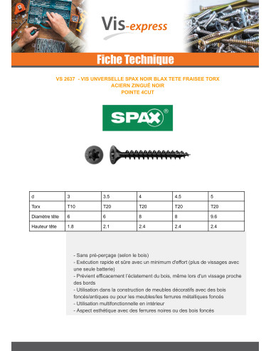 1 x Spax Vis bois Tête fraisée TORX T20 4X20...