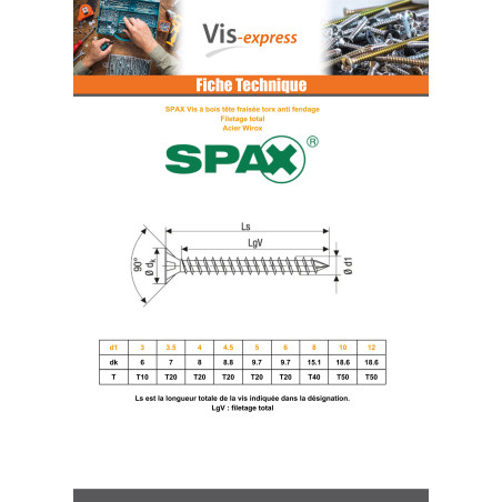 1 x Spax Vis bois Tête fraisée TORX T50 12X240 Filetage total WIROX
