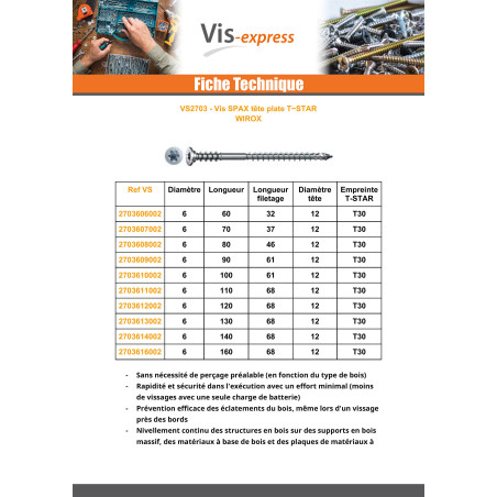 1 x Spax Vis REGL Tête plate T-STAR TORX T30 6X80 Filetée sur 46 WIROX
