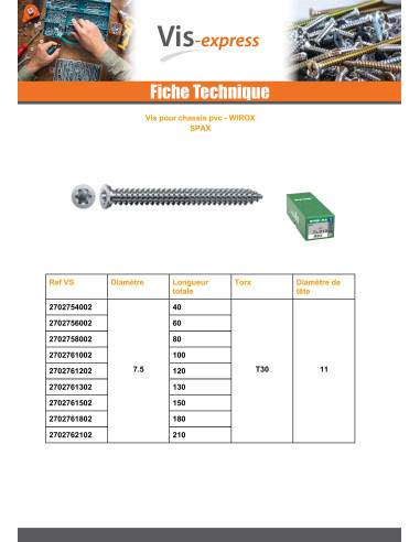 1 x Spax Vis Pour CHASSIS PVC 7.5X210 TORX T30...