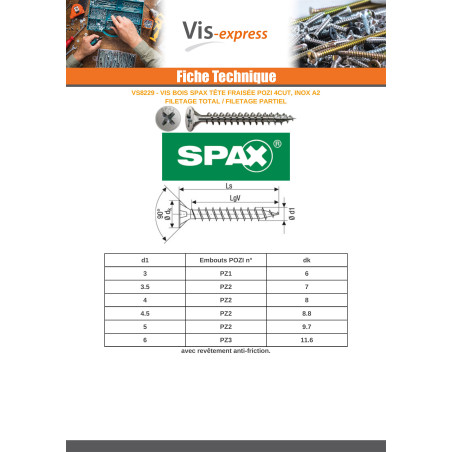 1 x Spax Vis bois Tête fraisée Pozi N°2 5X100 Filetée sur 61 Filetage partiel 4CUT Inox A2