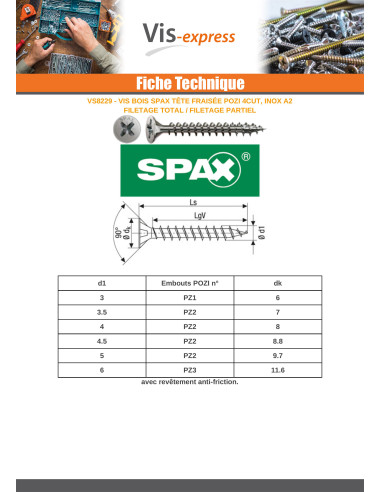 1 x Spax Vis bois Tête fraisée Pozi N°2 4.5X25...