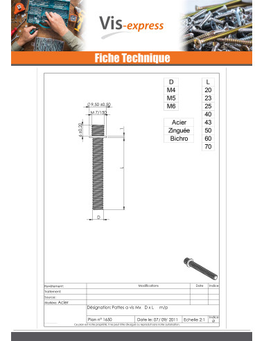 1 x PATTES à Vis métaux Acier zingué M5X60 M7/150