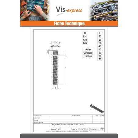1 x PATTES à Vis métaux Acier zingué M5X60 M7/150