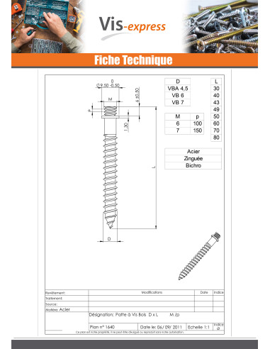 1 x PATTES à Vis bois Acier zingué 5X49 M7/150