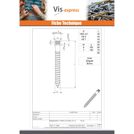 1 x PATTES à Vis bois Acier zingué 5X49 M7/150