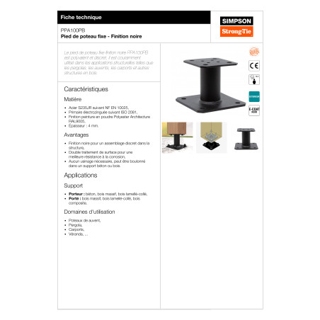 1 x Pied de poteau fixe SIMPSON Strong Tie 130X130 RAL9005 noir foncé