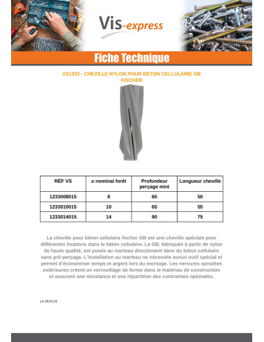 1 x Cheville Béton CELLULAIRE Fischer GB10