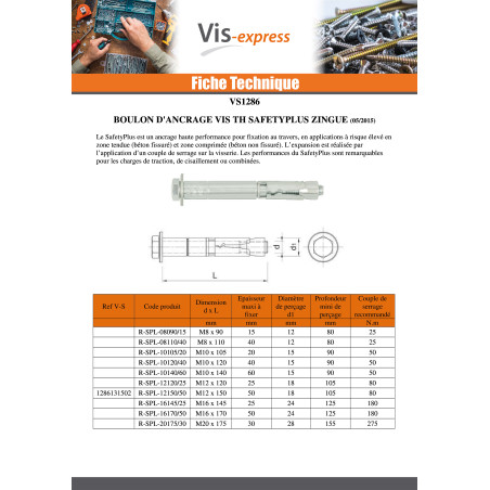 1 x Boulon (vendu avec Ecrou) Ancrage Vis Tête hexagonale TH SAFETYPLUS M12X150 Acier zingué