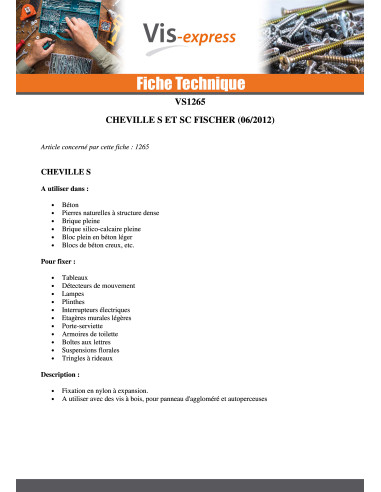 1 x Cheville Nylon Sans collerette Fischer S 5X25