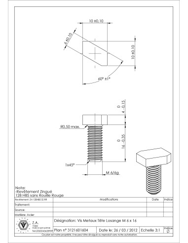 1 x Vis métaux Tête Losange M6X16 Acier zingué...