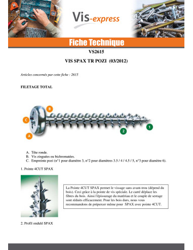1 x Vis Spax Tête ronde TR Pozi N°1 3X12 WIROX...