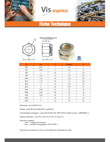1 x Ecrou frein Bichromaté DAH M14 Pas de 150...