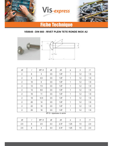 1 x Rivet à frapper Tête ronde TR Inox A2 6X16