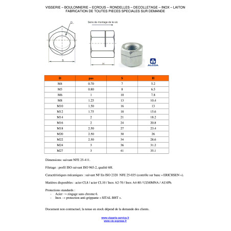 1 x Ecrou frein Fendue M6 H130 Classe 8 Acier zingué