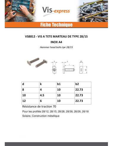 1 x Vis métaux Tête marteau 10X10X4.5 M10X20...