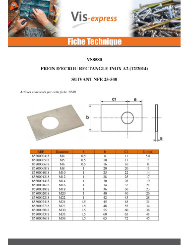 1 x Frein D Ecrou RECTANGLE De Diamètre M8 Inox A2