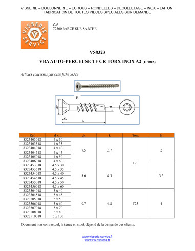 1 x VBA Vis bois agglo Vis autoperceuse Tête...