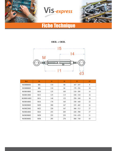 1 x Tendeur crochet crochet 10X125 Acier zingué