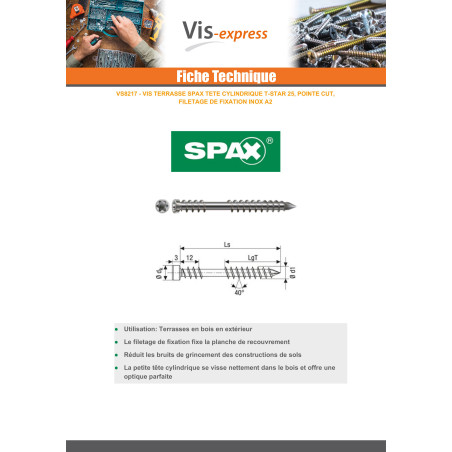 1 x Spax Vis terrasse Tête cylindrique TC TORX T25 5X50 Inox A2