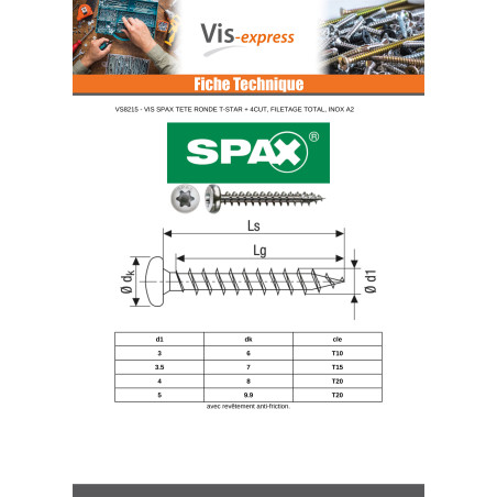 1 x Spax Vis bois Tête ronde TR T-STAR+ TORX T20 5X50 Inox A2
