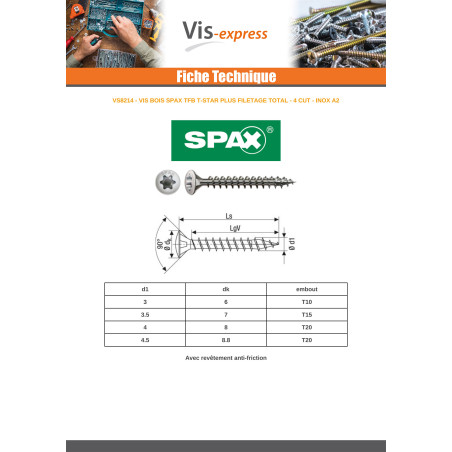 1 x Spax Vis bois Tête fraisée bombée TFB T-STAR TORX T20 4X45 Filetage total Inox A2
