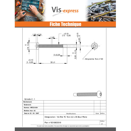 1 x Vis tôle tête cylindrique bombée large 4.2X35 Inox A2 TORX T20 Bout pilote