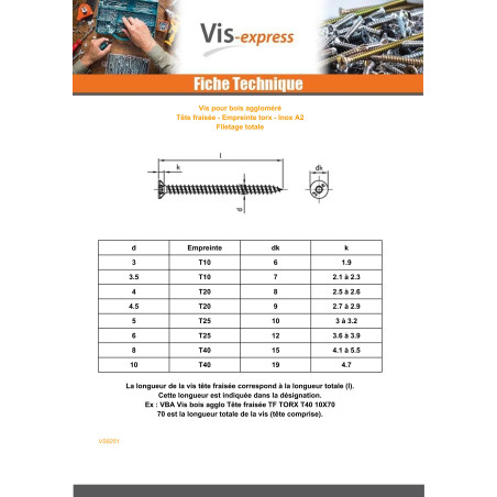 1 x VBA Vis bois agglo Tête fraisée TORX T20 4X12 Filetage total Inox A2