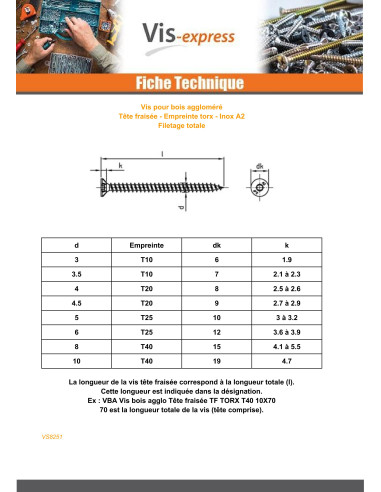 1 x VBA Vis bois agglo Tête fraisée TORX T10...