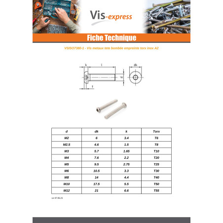 1 x Vis métaux Tête Bombée T6 M2X12 Filetage total Inox A2 microvis