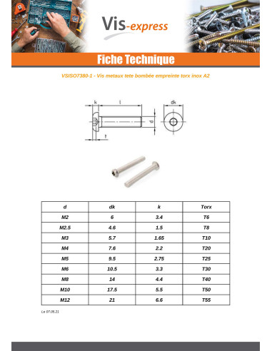 1 x Vis métaux Tête Bombée TORX T10 M3X40...