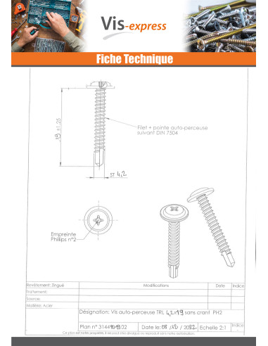 1 x Vis autoperceuse Tête ronde large Phillips...