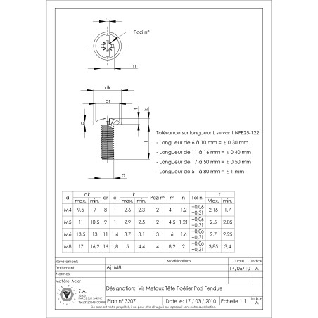 1 x Vis Poelier POZI et fendu M5X70 Acier zingué