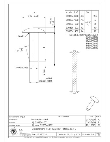 1 x Rivet à frapper Tête goutte de suif 3.65X10...