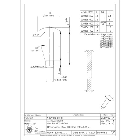 1 x Rivet à frapper Tête goutte de suif 3.65X10 Bout téton Téton Acier zingué