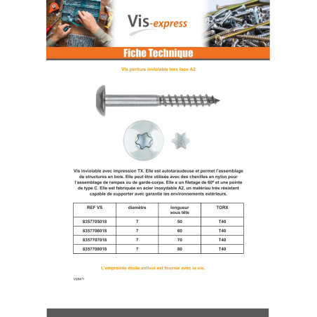 1 x Vis Penture Inviolable 2 pièces TORX Inox A2 7X60 Inox A2