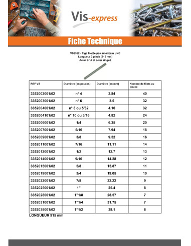 1 x Tige filetée 3/8 UNC Longueur 3PIEDS 90 CM...