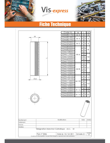 1 x Manchon Cylindrique M6X45 Diamètre...