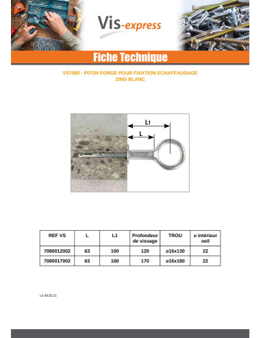 1 x Piton FORGE Fixation ECHAFFAUDAGE 170 Acier...