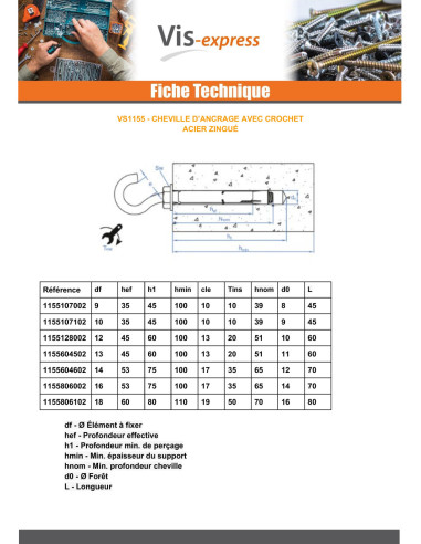 1 x Cheville Ancrage + Crochet Foret 14 M10X70...