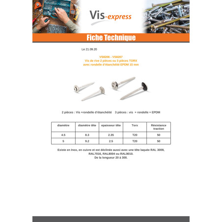 1 x Vis faitage Tête fraisée bombée TFB TORX T20 Inox A2 RAL8004 brun cuivre 4.5X60 Rondelle d'étanchéite EPDM