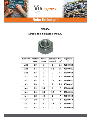 1 x Ecrou à tole hexagonal Acier zingué M6...