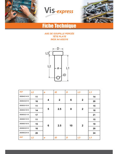 1 x Goupille Tête plate 8X44 Percée 3 Inox A4