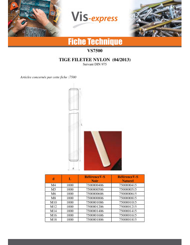 1 x Tige filetée M6 Longueur 1 mètre nylon naturel