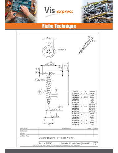 1 x VBA Vis bois agglo Poelier Pozi N°2 4X25...