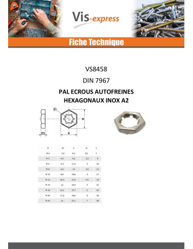 1 x Pal Ecrous autofreinés hexagonaux Inox A2 M12
